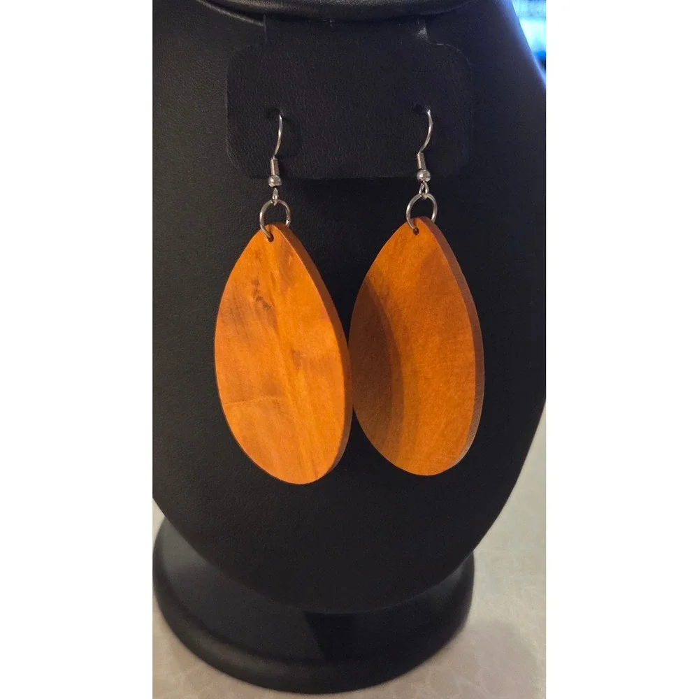 Unbranded Wooden Geometric Dangle Earring Set 4 Pairs Teardrop Circle Brown Wood